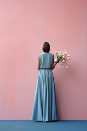 Woman in blue dress holding flowers, facing a pink wallの素材