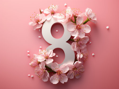 8 March Women's day poster or banner with serene numeral 8 framed with soft cherry blossoms on pinkの素材