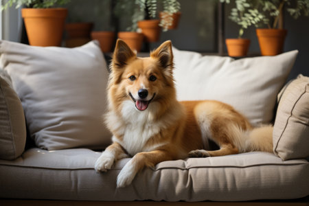 Corgi sitting on a couch. Concept of pets as family membersの素材