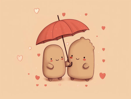 Animated characters under an umbrella. Concept of love and careの素材