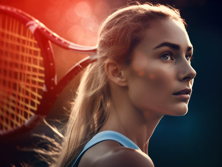 Side profile of a female tennis player at sunsetの素材