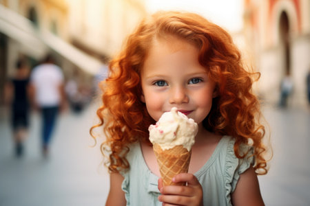 A smiling young girl with curly red hair eating ice cream. The concept is childhood joyの素材