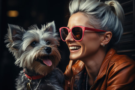 A woman and dog both wearing sunglasses. The concept is shared happiness with petsの素材