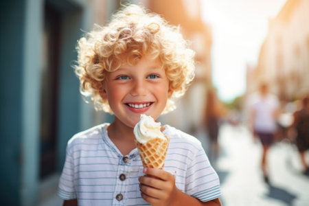 Curly-haired blonde child enjoys ice cream coneの素材