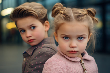 Portrait of two cute little girls in the cityの素材