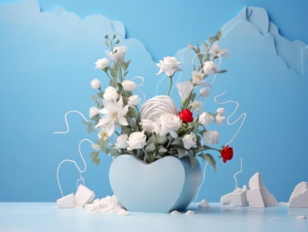Heart-shaped vase with a flourish of white flowers and red roses on a dreamy blue backgroundの素材