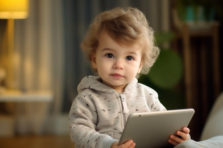 Toddler holding a tablet, looking thoughtful. Concept: early age digital interaction.の素材