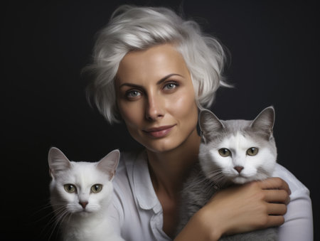 An elegant lady with silver hair cradles two white cats against a dark backgroundの素材
