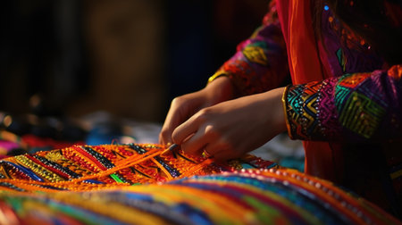 Artisan hands meticulously crafting colorful, traditional textile patternsの素材