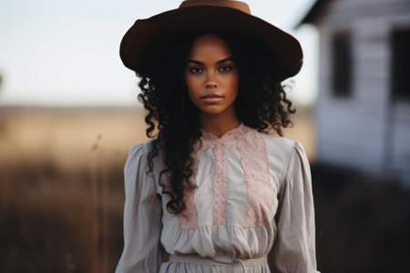 Elegant woman in vintage attire with a wide-brimmed hat outdoors. Cottagecore style and rustic charm concept.の素材