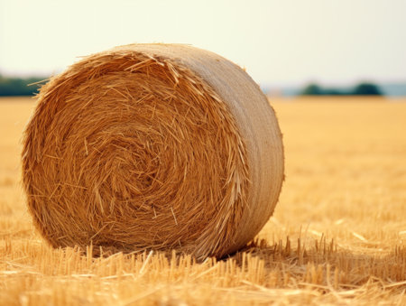 Close-up of a hay bale on a freshly harvested fieldの素材