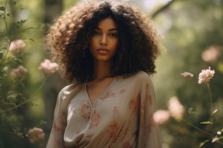 Serene young woman with curly hair surrounded by wildflowers.の素材