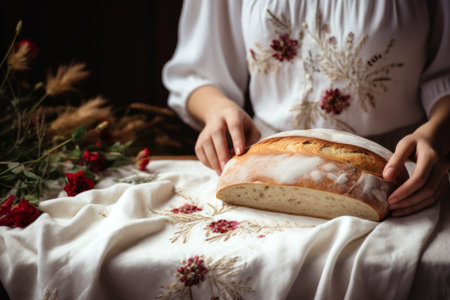 Hands present a loaf of bread on an embroidered cloth. The concept of traditional baking and heritageの素材