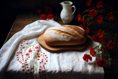 Freshly baked bread on a wooden board with embroidered cloth. The concept of traditional baking and cottagecore life.の素材