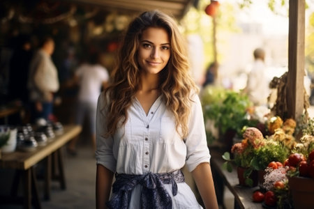 A smiling woman at an outdoor market with fresh produce. The concept is healthy living and local shoppingの素材