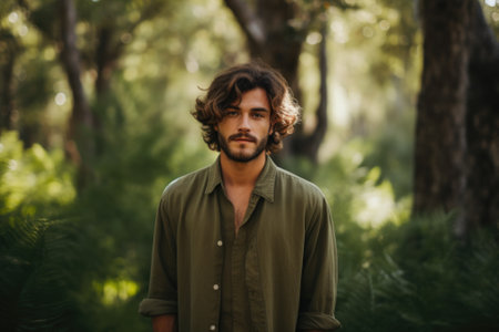 A calm young man with curly hair stands in a lush forest, bathed in the soft glow of the morning sunlightの素材