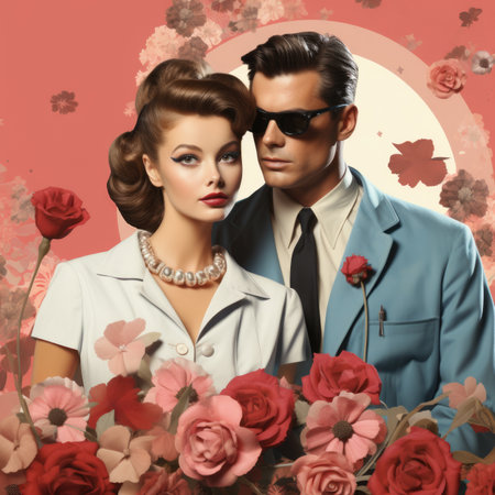 A stylish retro couple surrounded by flowers. The concept evokes vintage romance and classic fashionの素材