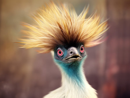 Colorful bird with a punk-like feather hairstyle. The concept showcases nature's bold and unique beautyの素材