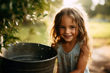 A young girl smiles beside a bucket. The concept captures a moment of pure, joyful childhood.の素材