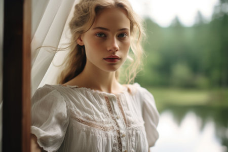 A woman in a vintage dress looks out a window.の素材