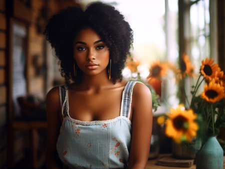 Serene woman with natural hair amidst sunflowers. Cottagecore elegance.の素材