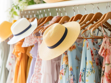 Close-up of straw hats and floral dresses on a clothing rack. Cottagecore wardrobe aesthetic.の素材
