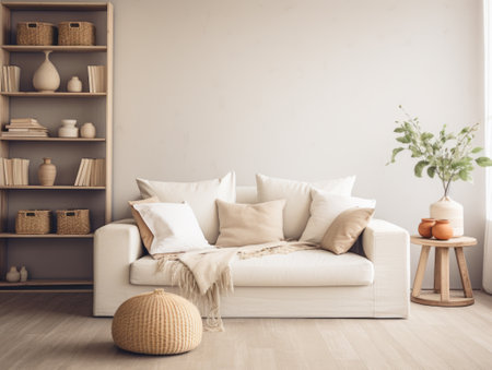 A cozy seaside-themed living room with neutral tones and natural textures. Serene seaside living room concept.の素材