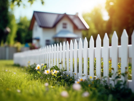 A white picket fence surrounds a sunlit house. The concept represents ideal suburban livingの素材