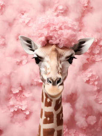 A giraffe with a playful pink hairdo against a backdrop of matching flowersの素材