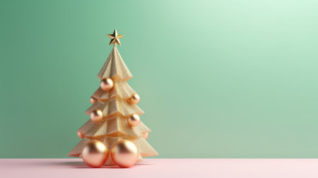 A golden shimmering Christmas tree on a pastel green and pink backgroundの素材