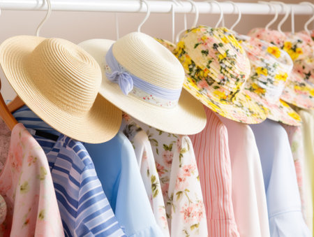 A selection of stylish summer hats paired with floral and pastel dresses hanging on a white rackの素材