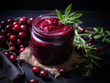 Artisanal cranberry sauce in a jar, accompanied by fresh cranberries and herbsの素材