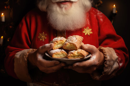 Close-up of hands in Santa costume presenting a plate of festive pastriesの素材