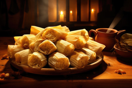 Traditional Tamales on Wooden Platter by Candlelight.の素材