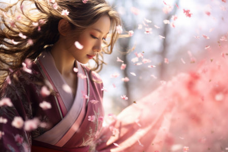 Ethereal woman in a pink kimono holding sakura blossomsの素材