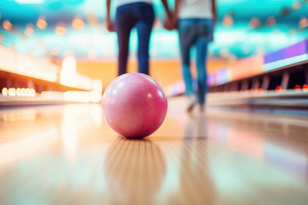 Pink bowling ball in focus with a couple in the background. The concept illustrates a fun, leisure activityの素材