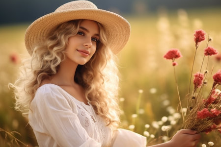 A young woman in a straw hat holds flowers in a sunlit fieldの素材