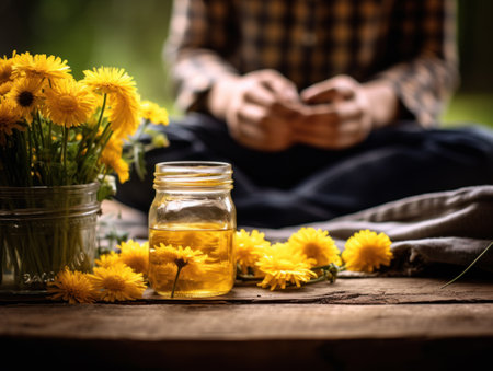 Rustic setting with a clear jar of dandelion jam on a wooden table and a man in the backgroundの素材