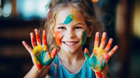 A cheerful young girl with a bright smile has her face and hands playfully covered in vibrant paint, embodying the joy of creativity and playの素材