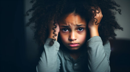 A young African American girl with curly hair looks worried and covers her ears with her handsの素材