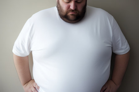 A close-up of a man looking down at his large belly, expressing concern over his weightの素材