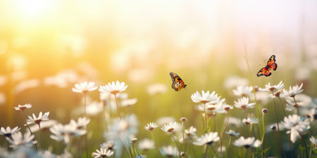 Butterflies flutter above a field of white daisies bathed in soft sunlight. The scene captures the essence of a peaceful spring dayの素材