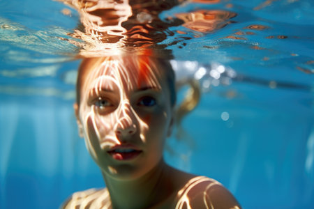 Underwater view of a young woman's face with light patterns reflecting in the clear blue water.の素材