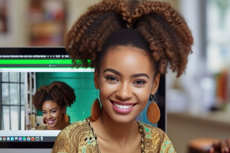Smiling young woman with intricate coiffed hair in front of a computer screen, displaying her own image. Concept of video call or a photo editing sessionの素材