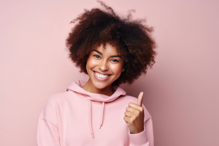 Cheerful young woman giving thumbs up, pink backgroundの素材
