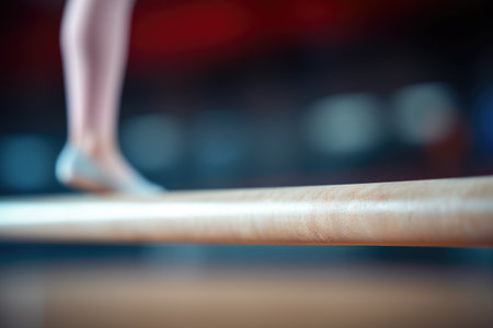 Close-up of a gymnast's feet on a balance beam, blurred backgroundの素材