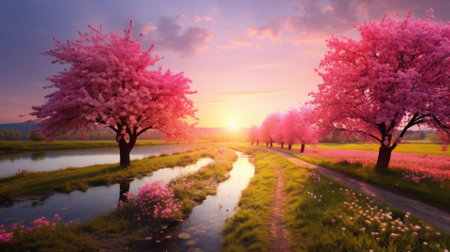 Sunrise over a blooming pink cherry blossom alley by a riverの素材
