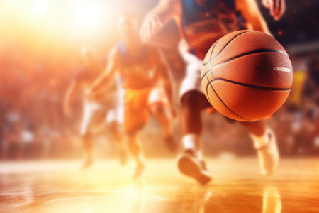 Close-up of a basketball game in action on the courtの素材