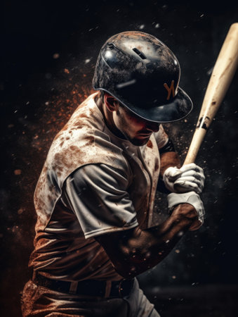 Close-up of a focused baseball player swinging the bat, dust swirling aroundの素材