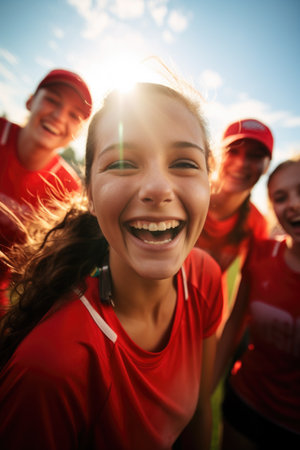 A group of soccer players in red uniforms smiling happily in the bright rays of the summer sunの素材
